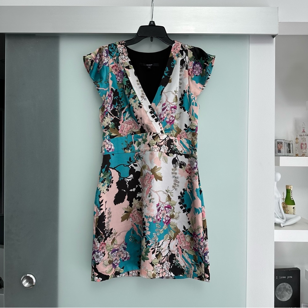 Guess Floral Wrap Mini Dress in Teal, Pink, Black & White